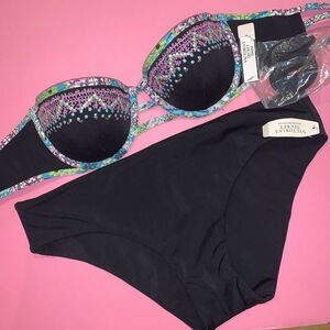 Victoria's Secret Bandeau 32B BIKINI S bottom Black BLUE green BALI embroidered